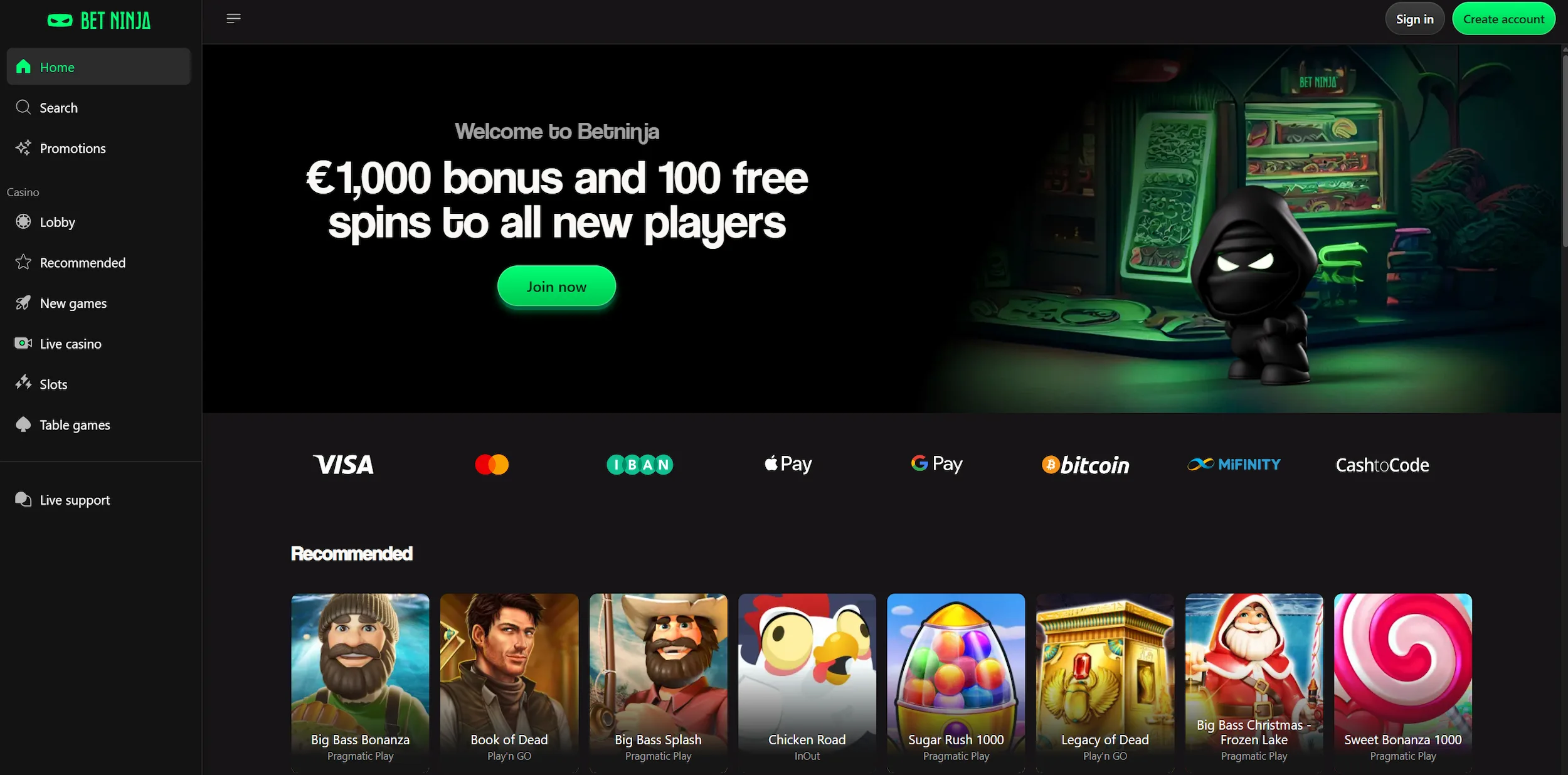 BetNinja casino page featuring welcome offer, selection of recommended online pokies and site main navigation