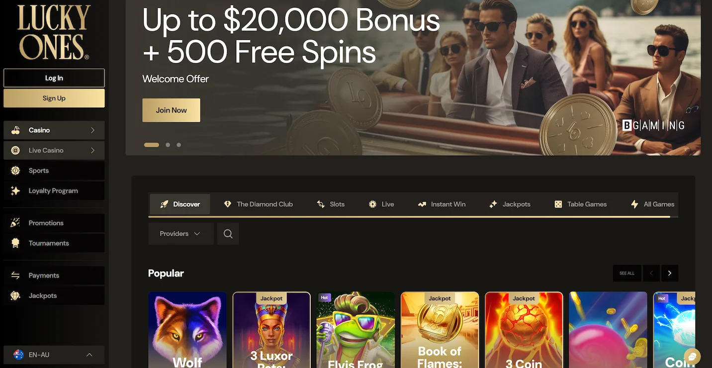 LuckyOnes casino page featuring welcome offer, selection of popular online pokies and site main navigation