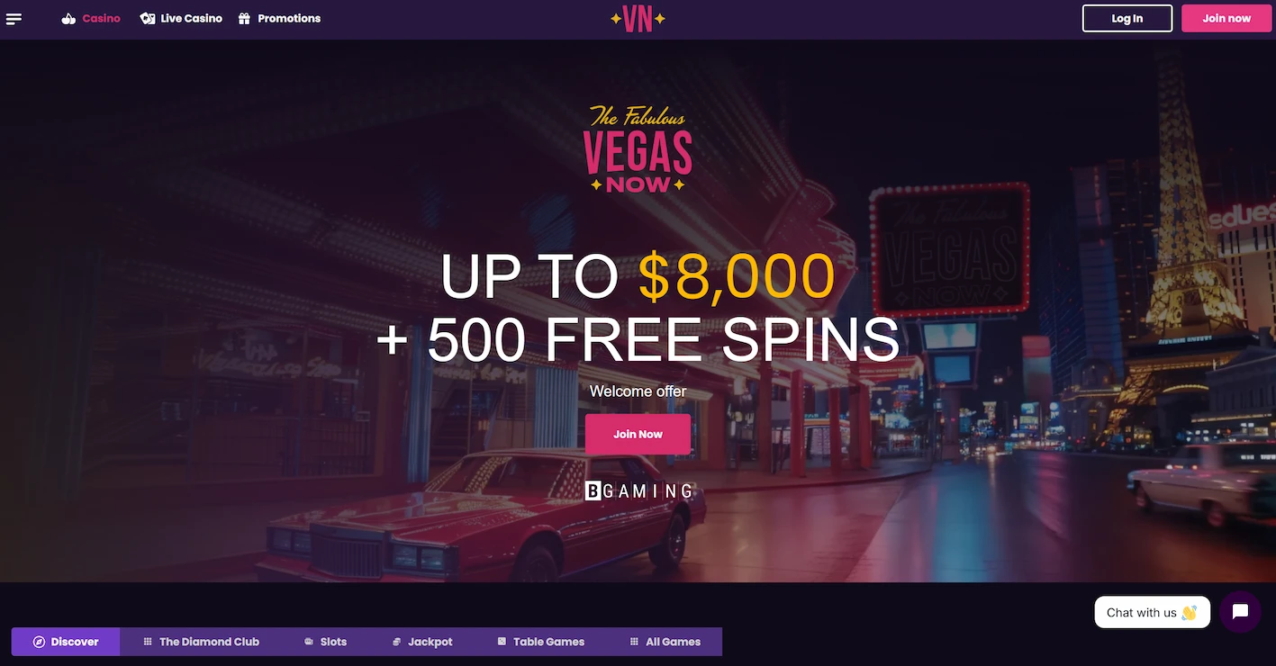 VegasNow casino page featuring welcome bonus offer and site main navigation